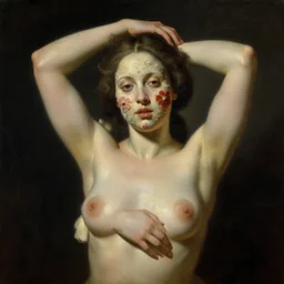 oil painting portrait dark background of a seductive wonderful symmetrical realistic goddess no arms with a beautiful face with a strange disturbing face made of flowers and starnge texured surfaces by otto marseus van schriek, rachel ruysch, tom bashow, dutch age dramatic lighting chiaroscuromodern woman | hyperrealistic | action pose | digital painting | trending on artstation, pinup portrait,