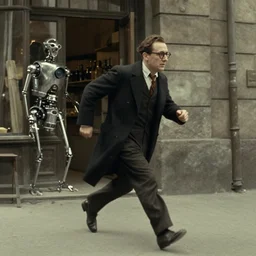 film still from the lost german expressionist film'we are beneath all of you'( 1 9 3 1 ) featuring the bespectacled shopkeeper chased down the street by mysterious mechanical men, directed by fritz lang and robert weine and f w murnau, film grain high contrast expressionistic sets, remastered shocking detail trending on artstation 8 k
