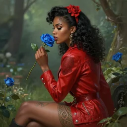 red jacket tattooed pinup african girl sits on a garden smelling a blue rose, deep focus, turnaround, fantasy, intricate, elegant, highly detailed, digital painting, artstation, concept art, matte, sharp focus, illustration, hearthstone, art by artgerm and greg rutkowski and alphonse mucha.