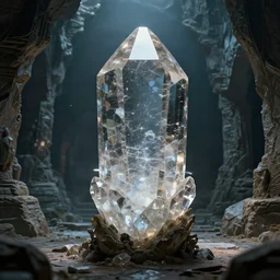 a huge crystal with an human inside, placed in a mystic ruin