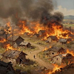 nas daily in a burning village scene, painting, 4 k, art station concept art, highly detailed