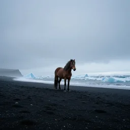 low angle cinematic shot of lone futuristic horse in the middle of an endless black sand beach in iceland, iceberg, 2 8 mm