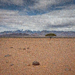 beautiful landscape photography of the Kalahari desert, with small rocks in the foreground and a tree in the distance, rugged mountains in the far distance with snowy peaks, swirling clouds, by Marc Adamus,