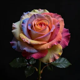 multi colorful beautiful rose flowers from single stem, volumetric dramatic light, dark black background, sharp focus, highly realistic, octane render, art by greg rutsowski