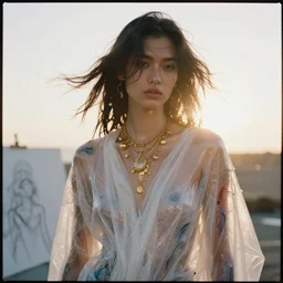 filmstill photography of female body covered with wet white translucent blanket acrylic liquid colors, luxurious supermodel photoshooting, golden jewelry, bokeh, godrays, strong wind, wrinkles, sunrays, sunset, lens flares, drawing, sketch, artsation