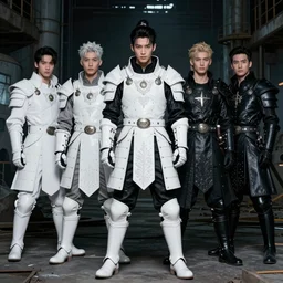 beautiful ulzzang with white majestic ornate medieval tactical gear, black leather samurai garment, full shot fashion photography, dark abandoned cyberpunk factory, by irving penn and storm thorgerson, ren heng, peter elson,