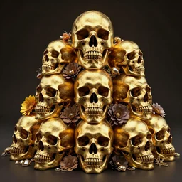 many gold skulls stacked on top of each other with flowers and jewerly, photorealistic render, unreal engine, octane render, metallic reflections, physically based rendering, 3 d, dramatic, studio lighting, cinematic, ornate, intricate, highly detailed, 4 k, hd, digital art