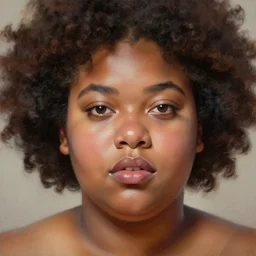 beautiful oil painting of a fat mixed woman with an afro, beautiful eyes, artstation, volumetric lights, highly detailed, concept art, sharp focus, beautiful face