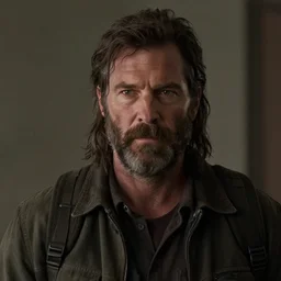 Film still of Jeffrey Dean Morgan with long hair and beard, from The Last Of Us (video game)