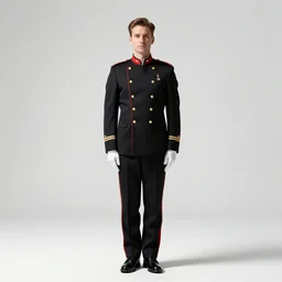 stern doorman in uniform, high detail digital art, full body, standing, isolated on a pure white background, centered, whole figure in frame, sharp focus, studio lighting
