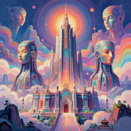 three sprawling cybernetic temple, surrounded by fractal mountains, volumetric clouds, cybernetic faces, vaporwave aesthetic, colorful, psychedelic, digital painting, artstation, concept art, smooth, sharp focus, illustration, art by artgerm and greg rutkowski and alphonse mucha