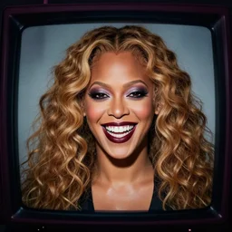 A portrait of special needs Beyoncé. Massive grin. Mad TV. cursed and haunted.