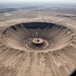a large nuclear crater in the dirt, taken from a plane, realistic, taken on a ww 2 camera.