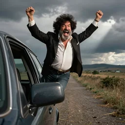 bob ross hanging outside of a car window and screaming on a bad acid trip