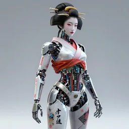 full body portrait of a beautiful japanese robotic geisha with tubes and computerchips and wires and kanji tattoos and decals, dramatic lighting, hyper realistic, insanely intricate details, japanese model, 8 k ultra high definition, octane render