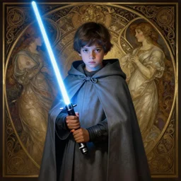 perfectly - centered - portrait of a kid wearing grey cloak holding light saber, intricate, highly detailed, digital painting, artstation, concept art, smooth, sharp focus, illustration, unreal engine 5, 8 k, art by artgerm and greg rutkowski and alphonse mucha