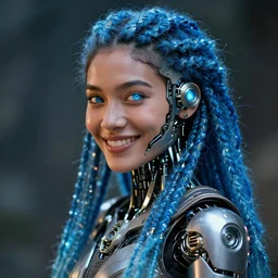 beautiful futuristic himba woman smiling, glowing mechanical eye, robotic prosthetic arm, blue glass dreadlocks, hyperrealistic, sci - fi, dramatic lighting, intricate, soft focus - n 9