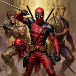 spawn, deadpool, digital painting masterpiece by frank frazetta and kim jung gi and mœbius and mike mignola, 4 k wallpaper, highly detailed, intricate brush strokes