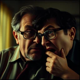 todd solondzas a crazy father and son fighting in possession by andrzej zulawski and francis bacon, glasses, scared, seventies film, todd solondz father and son, cinemaic, dramatic, soft light