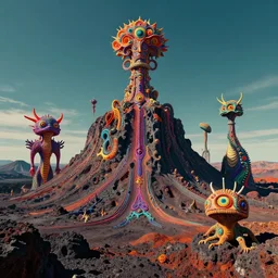 psychedelic creatures ascending mountainous volcanic rocks, dramatic composition film cinematography, figurative surrealism depicting complex geometry, pop art 3 d fractal rendering, juxtapoz, 4 k wallpaper masterpiece