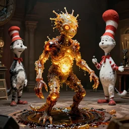 the strange creature, made of glowing oil, film still from the movie directed by denis villeneuve and david cronenberg with art direction by salvador dali and dr. seuss