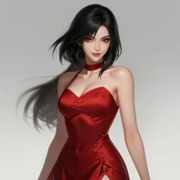 a highly detailed illustration of hime cut black haired woman wearing red dress, dramatic smiling pose, perfect face, perfect body, intricate, elegant, highly detailed, centered, digital painting, artstation, concept art, smooth, sharp focus, league of legends concept art, wlop