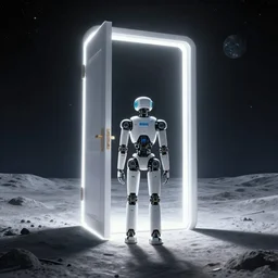a robot standing in front of a glowy open door that's on a barren moon, poster art by mike winkelmann, trending on cg society, space art, sci - fi, ue 5, futuristic, volumetric lighting, light casting onto the ground, neat composition and camera angle