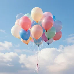 a lot of birthday balloons floating in the clouds