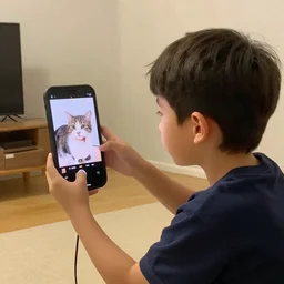 old photo of a young boy recording a video of his cat for TikTok
