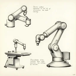 schematic diagrams of the davinci robotic surgical systems, pen and ink on paper from the year 1 4 8 7, with accompanying notes,