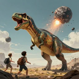a dinossaur protecting humans from an asteroid impact, digital art