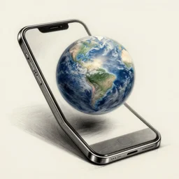 concept art, drawing of a phone where a planet seems to pop out in 4 d illusion of the phone screen, very detailed, sketching