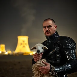 photograph of a man clad in shining black metallic armor holding a piece of back wool, standing in front of a nuclear wasteland at night