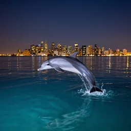 A dolphin jumping out of a calm and clear ocean with a lit up city skyline visible in the background at night under a starry sky, 4k photorealistic style