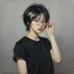 portrait of a korean trans girl with very short black hair bleached at the tips, bedhead, wearing glasses, wearing a black t-shirt, oil on canvas, elegant pose, masterpiece