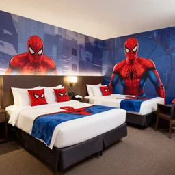 photography of theme park hotel room themed to spider - man motif. bed has spider - man blankets. wall has spider - man pattern. furniture has spider - man motif. furniture is shaped like spider - man furniture. carpet has spider - man motif. lighting has spider - man film shapes