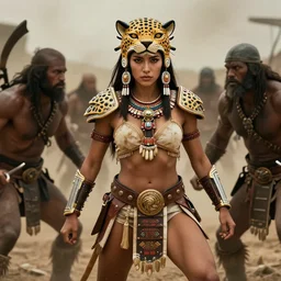 action sceme, tribeswoman fights barbarians,rich Aztec jaguar armor,vertical composition, inspired by monster hunter and westerns, muscular body, clean beautiful symmetrical face,  subtle make up, epic,dramatic lighting, cinematic, establishing shot, extremely high detail, photorealistic,  provocative , cinematic lighting, artstation, octane render, western,old photo, vintage
