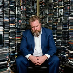 dslr photo still of infowars host alex jones in a blue suit fat beard and mustache sitting depressed in a room filled to the ceiling with cell phones stacks of cell phones cell phones everywhere cell phones filling the entire room, 5 2 mm f 5. 6