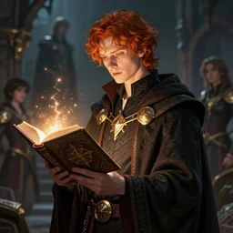 young male redhead Spellcaster standing, holding a spell book glowing, D&D dark fantasy style, sharp focus, ultra detailed, art by Artgerm and Peter Andrew Jones, Karol Bak, Ayami Kojima, Amano and Olivier Ledroit