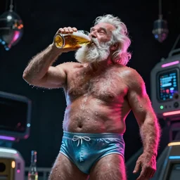 crazy old man in space wearing underpants drinking beer, dark & cinematic scene, neon colours