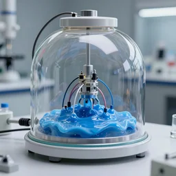 a empty alien lab incubator that has like a blue slime inside of it with multiple wires connected to it
