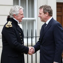 General Burgoyne shaking hands with Matt Hancock. Award winning hyper detailed photorealistic 50 mm