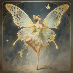 fairy dancing with butterfly wings, intricate, elegant, d & d, powerful, fantasy, art nouveau, digital painting, trending on artstation, sharp focus, wide shot, illustration, global illumination, ray tracing, painting by ruan jia and peter polach