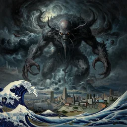 an ultradetailed landscape painting of cthulu descending from space, looming ominous over a city, dark thunderstorm, lovecraftian horror, monster from beneath the waves, intricate detail, cinematic, 8 k, cel shaded, volumetric lighting, octane render, art by greg rutkowski, jeong seon, hokusai