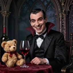Fine detail photorealistic portrait of Mr. Bean as a vampire who is dressed like a goth with a big smile showing his fangs, sitting at a gothic table with a bottle and glass of red wine and his teddy bear on the table leaning against the wine glass, Moody, Gothic, Baroque