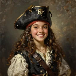 oil painting, smiling, happy, beautiful, intelligent, powerful, female pirate captain 2 9 years old, loving eyes, flowing long hair, fully clothed, wise, beautiful, masterful 1 7 2 0 s oil painting, dramatic lighting, sharp focus