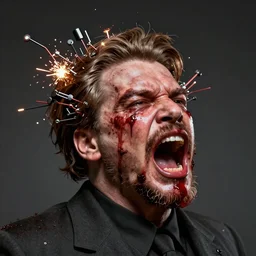 uhd hyperrealistic photorealisitc hyperdetailed detailed stalin head exploding, puking blood, screaming, with sparking circuits, studio lighting, by ayami kojima amano karol bak, greg hildebrandt and mark brooks