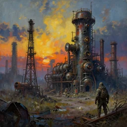 industrial devastation, colorful steampunk ruins, abandoned factories oil field post - apocalyptic dusk irradiated contaminated stalker chernobyl, oil painting beksinski, sci - fi wallpaper digital art