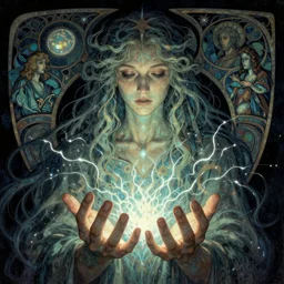 whimsically detailed spirit coming out from illuminated hands. Craig mullins. Mucha. Jodorowsky. Dave Mckean. Allan Moore. Magical.