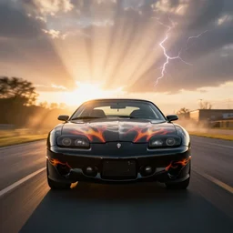 black pontiac firebird trans - am with flames graphics on the chassis facing the camera, sunrise, cinematic, motionblur, sunbeams, volumetric lighting, wide shot, low angle, lightning, clown